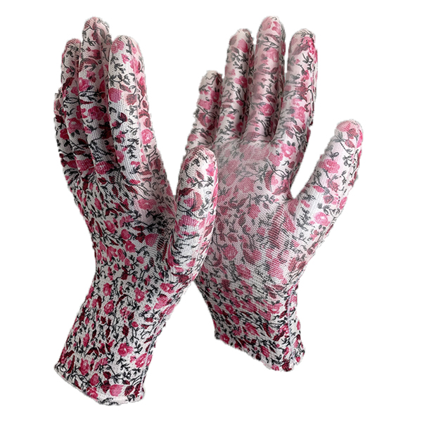 flower-printed polyester liner pu coated glove