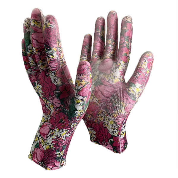 flower-printed polyester liner pu coated glove