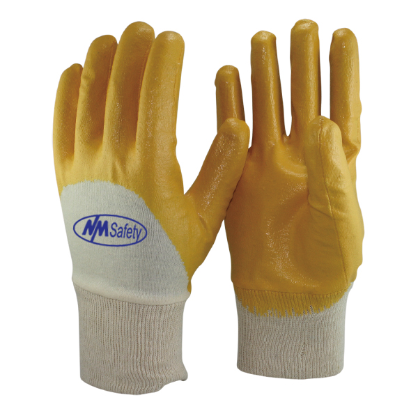 yellow interlock-knitted-liner-nitrile-half-coated-light-duty-gloves,-knitted-cuff